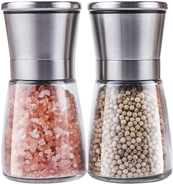 Salt and Pepper Grinder Set, Trofoty Stainless Steel Adjustable Ceramic Sea Salt Grinder & Pepper Mill Set, Glass Salt and Pepper Shakers Pepper Mill Salt Mill (Set of 2) by HOME EC