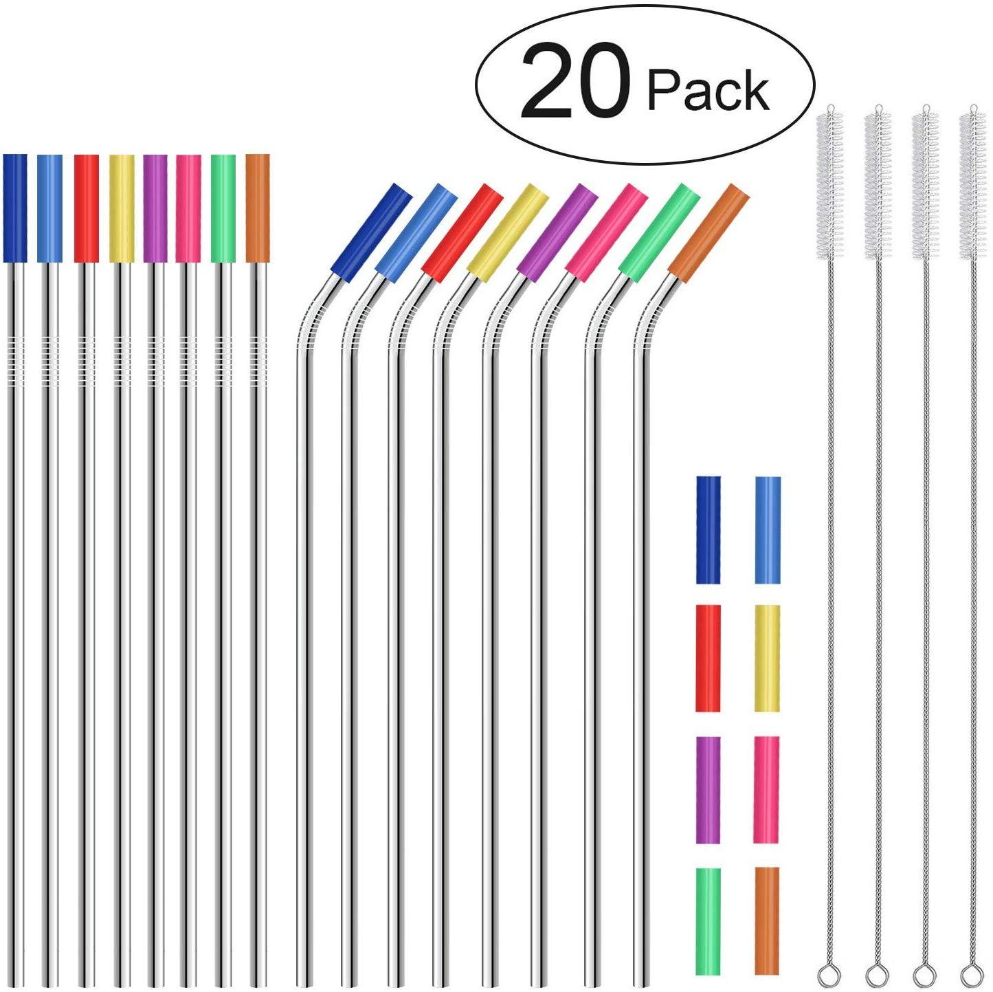 Stainless Steel Straws,Set of 16 FDA-Approved Reusable Drinking Straws for 30oz&20oz Tumbler, 10.5" 8.5" Metal Straws with 24 Soft Silicone Tips,4 Cleaning Brushes(8 Bent 8 Straight)