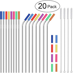 Stainless Steel Straws,Set of 16 FDA-Approved Reusable Drinking Straws for 30oz&20oz Tumbler, 10.5" 8.5" Metal Straws with 24 Soft Silicone Tips,4 Cleaning Brushes(8 Bent 8 Straight)