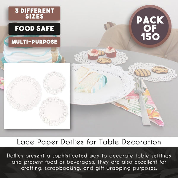 Lace Doilies Paper - 150-Piece Round Decorative Paper Placemats Bulk for Cake, Desert, Wedding, Tableware Decoration - 3 Assorted Sizes, 50 Pieces of Each Size, 6.5-Inch, 8.5-Inch, 10.5-Inch, White