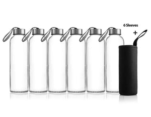 Zuzoro - 6-Pack -18oz Juice & Beverage Glass Water Bottles - for Juicing or Kombucha Storage - Includes Nylon Bottle Protection Sleeves No-Leak Caps w/Carrying Loops. - Clear Reusable bottles