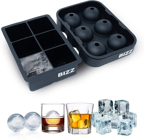 Bizz Silicone Ice Molds (2-Tray Set) Sphere and Cube Combination, Flexible, Reusable, BPA Free, Easy to Freeze, Remove Contents, Whiskey, Bourbon, Cocktail or Drink Use