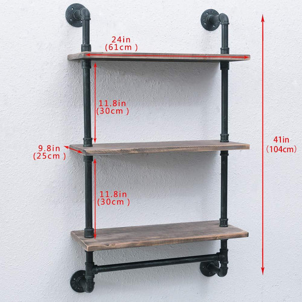 Bathroom Shelves Wall Mounted 3 Tiered,24in Industrial Pipe Shelving,Rustic Wood Shelf With Towel Bar,Black Farmhouse Towel Rack,Metal Floating Shelves Towel Holder,Iron Distressed Shelf Over Toilet