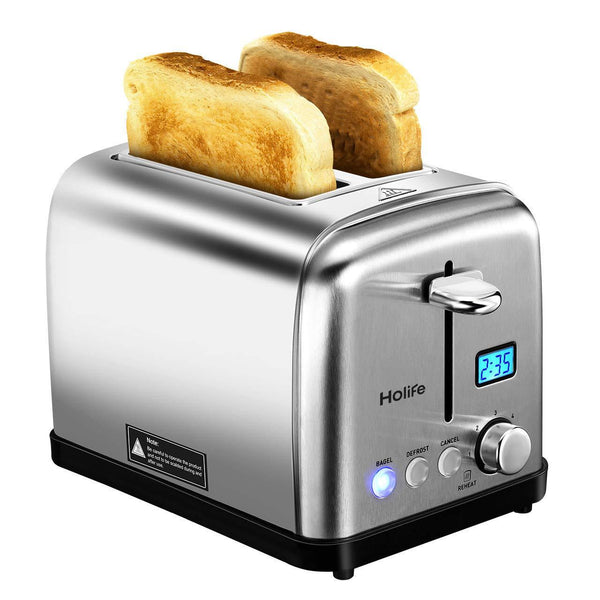 HOLIFE 2 Slice Toaster Stainless Steel  [LCD Timer Display] Bagel Toaster ( 6 Bread Shade Settings, Bagel/Defrost/Reheat/Cancel Function, Extra Wide Slots, Removable Crumb Tray, 900W, Silver)