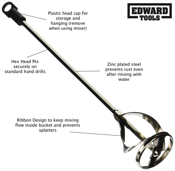 Edward Tools Paint and Mud Mixer for drill in 1 to 5 gallon buckets - Fits all standard drills - Zinc plated steel - Reinforced weld - Hex head for non slip - Easy to clean - Paint mixer attachment