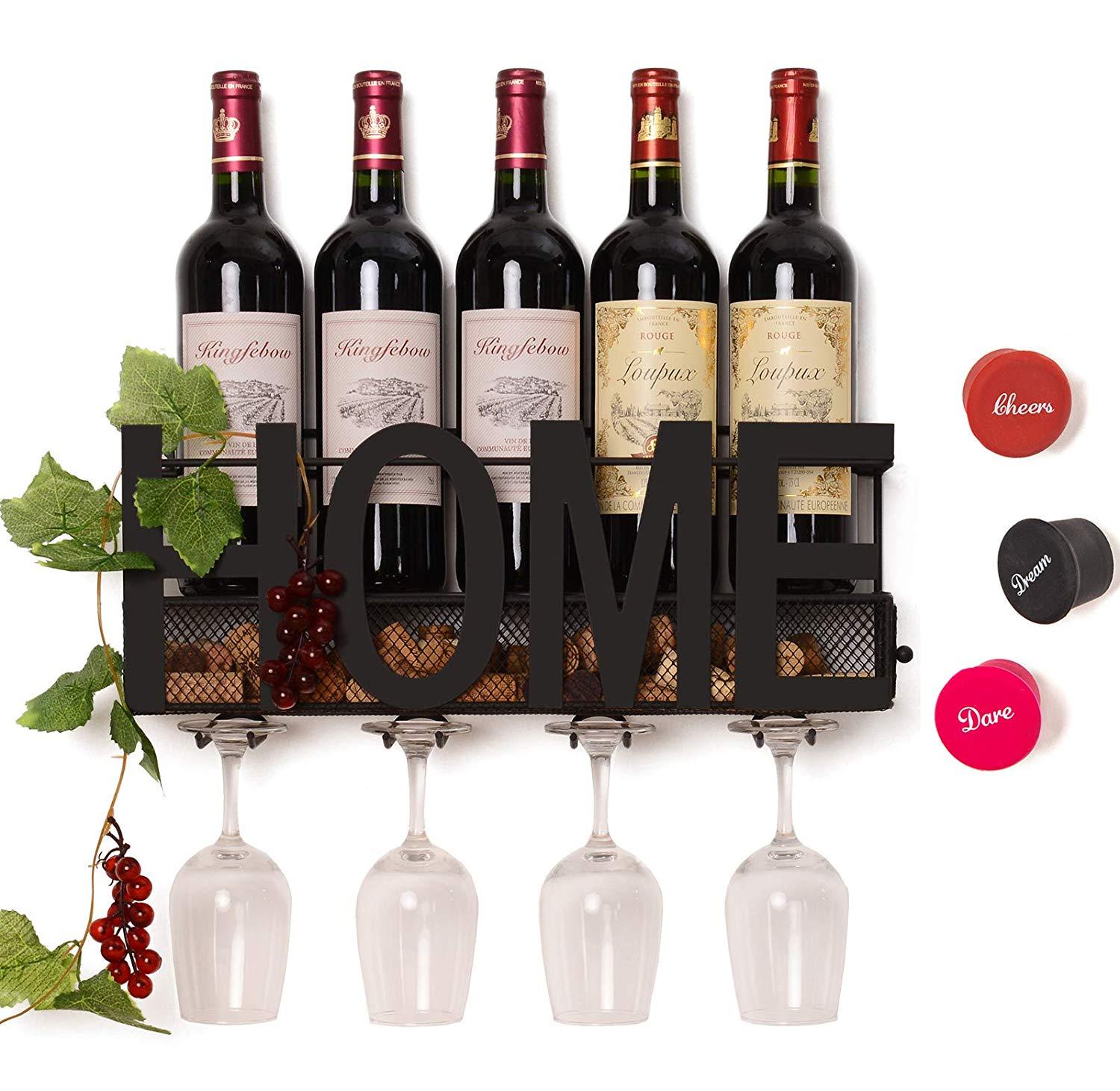 SODUKU Wall Mounted Metal Wine Rack 4 Long Stem Glass Holder & Wine Cork Storage