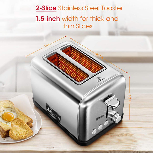 HOLIFE 2 Slice Toaster Stainless Steel  [LCD Timer Display] Bagel Toaster ( 6 Bread Shade Settings, Bagel/Defrost/Reheat/Cancel Function, Extra Wide Slots, Removable Crumb Tray, 900W, Silver)