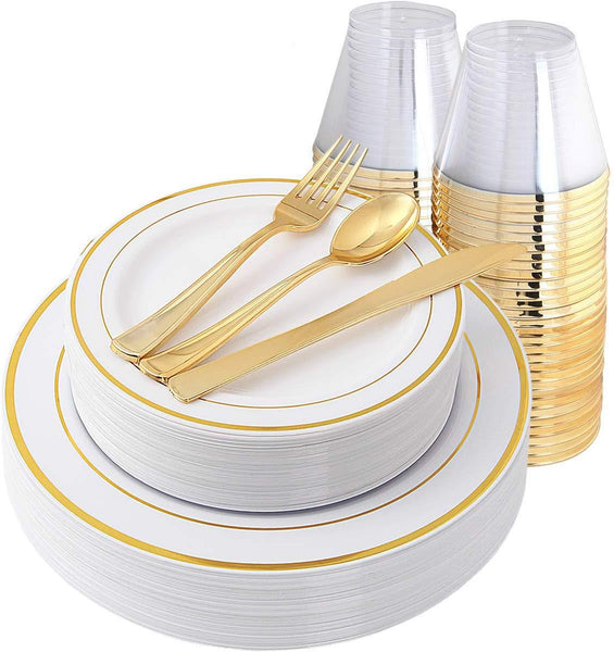 IOOOOO Gold Plates & Plastic Silverware & Gold Cups, Disposable Dinnerware 150 Pieces Includes: 25 Dinner Plates, 25 Dessert Plates, 25 Tumblers, 25 Forks, 25 Knives, 25 Spoons