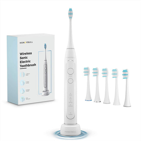 HONEYBULL Electric Toothbrush with 4 Cleaning Modes, 5 Heads & Wireless Charging Base