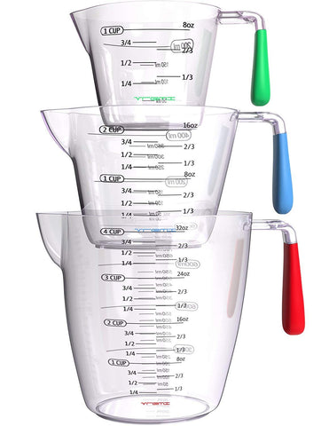 Vremi 3 Piece Plastic Measuring Cups Set - BPA Free Liquid Nesting Stackable Measuring Cups with Spout and Decorative Red Blue and Green Handles - includes 1, 2 and 4 Cup with Ml and Oz Measurement