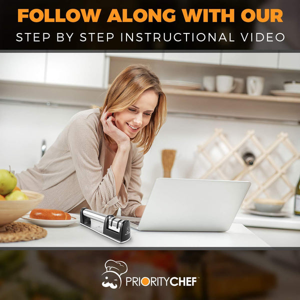 PriorityChef Knife Sharpener for Straight and Serrated Knives, 2-Stage Diamond Coated Wheel System, Sharpens Dull Knives Quickly, Safe and Easy to Use