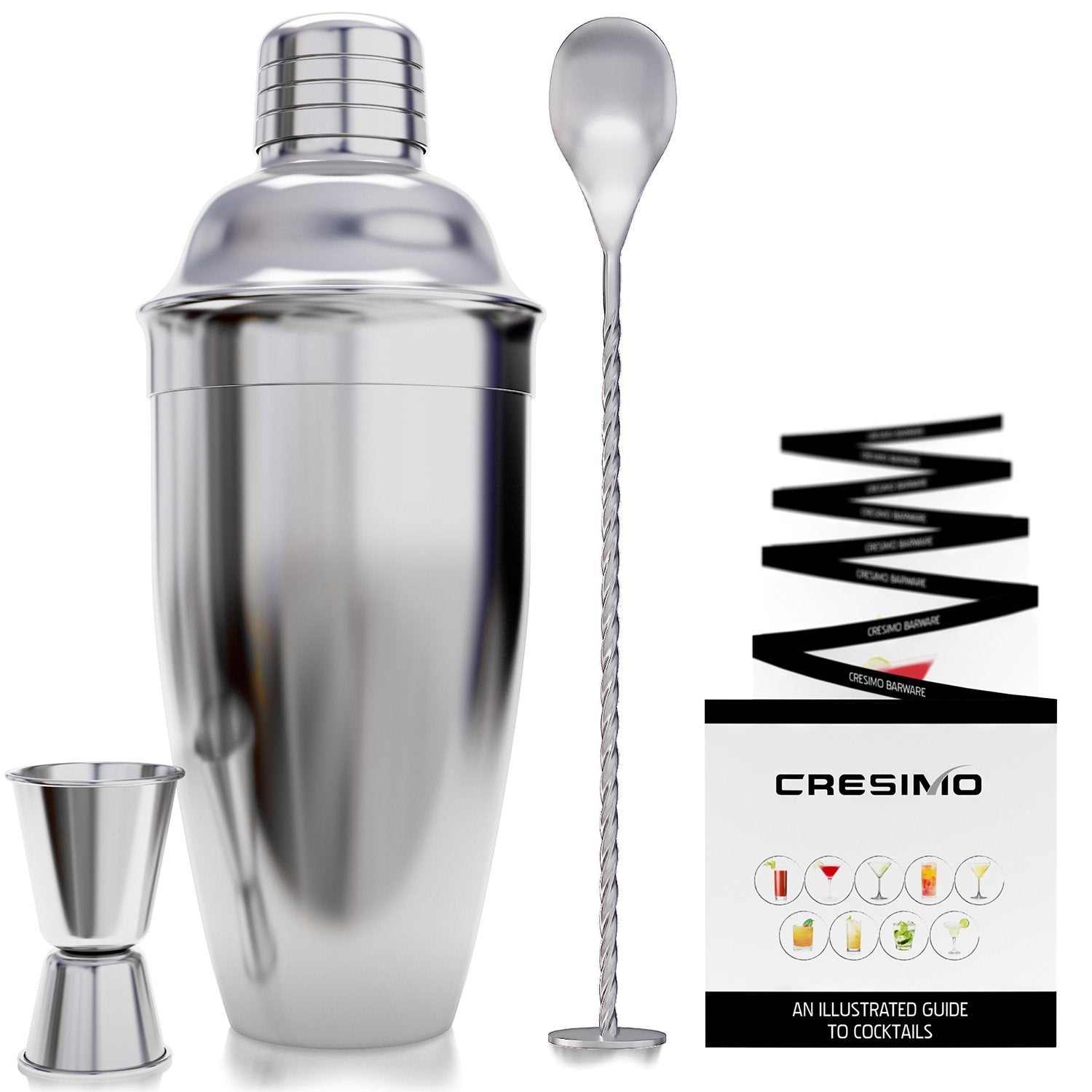 24 Ounce Cocktail Shaker Bar Set with Accessories - Martini Kit with Measuring Jigger and Mixing Spoon plus Drink Recipes Booklet - Professional Stainless Steel Bar Tools - Built-in Bartender Strainer