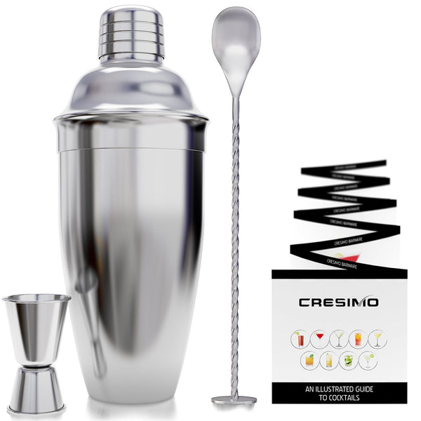 24 Ounce Cocktail Shaker Bar Set with Accessories - Martini Kit with Measuring Jigger and Mixing Spoon plus Drink Recipes Booklet - Professional Stainless Steel Bar Tools - Built-in Bartender Strainer