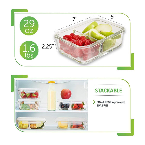 [5 Pcs] Glass Meal Prep Containers Glass 2 Compartment - Glass Food Storage Containers - Glass Storage Containers with Lids - Divided Glass Lunch Containers Food Container - Glass Food Containers 29oz