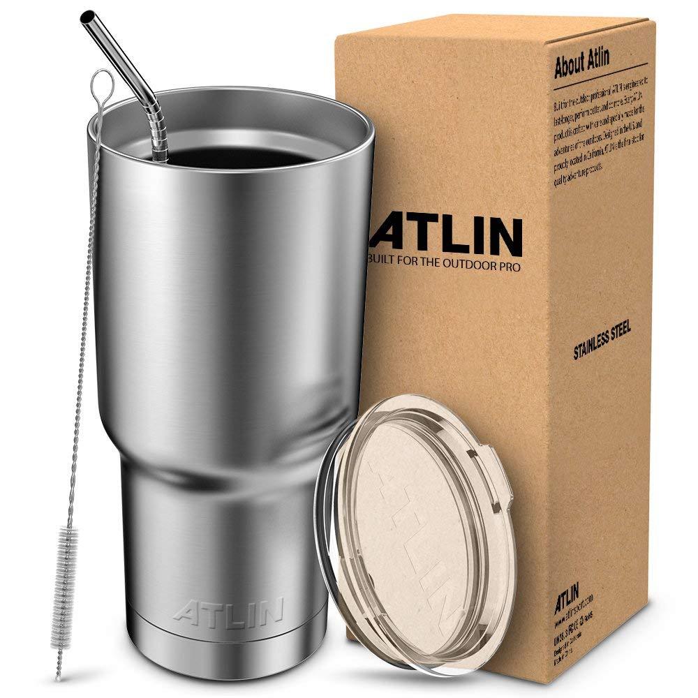 Atlin Tumbler [30 oz. Double Wall Stainless Steel Vacuum Insulation] Travel Mug [Crystal Clear Lid] Water Coffee Cup [Straw Included]For Home,Office,School - Works Great for Ice Drink, Hot Beverage