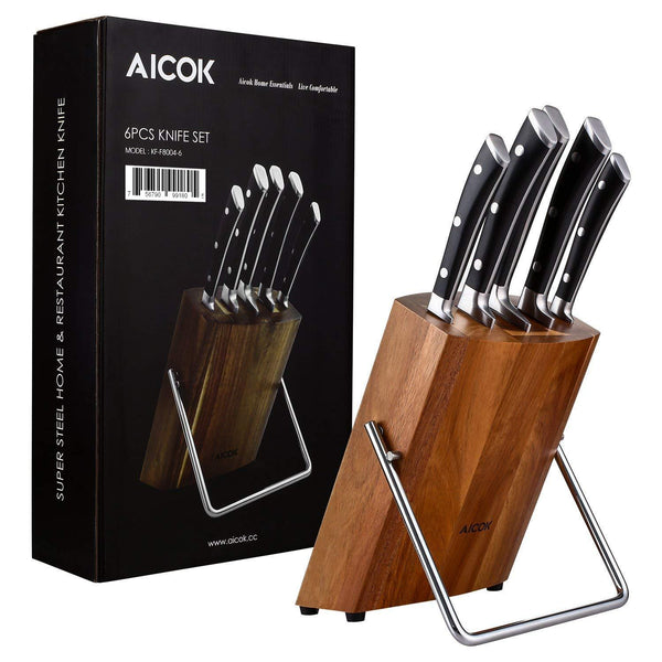 Kitchen Knife Set, Professional 6-Piece Knife Set with Wooden Block Germany High Carbon Stainless Steel Cutlery Knife Block Set, by Aicok