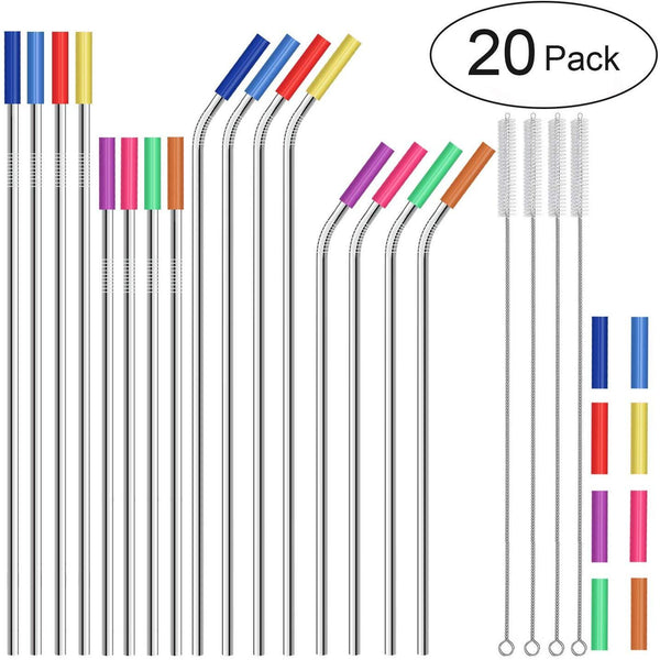 Stainless Steel Straws,Set of 16 FDA-Approved Reusable Drinking Straws for 30oz&20oz Tumbler, 10.5" 8.5" Metal Straws with 24 Soft Silicone Tips,4 Cleaning Brushes(8 Bent 8 Straight)