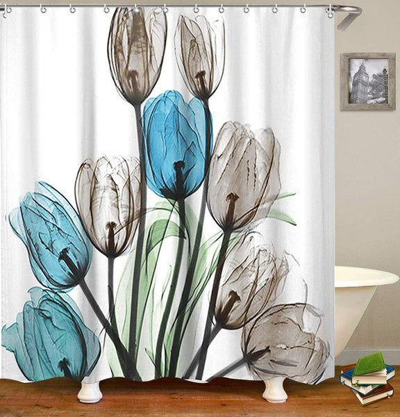 LIVILAN Shower Curtain Set with 12 Hooks Floral Bath Curtain Thick Fabric Bathroom Curtains Home Decorations for Bathroom Blue Grey Brown Tulip Flower Shower Curtain 72"x 72",White