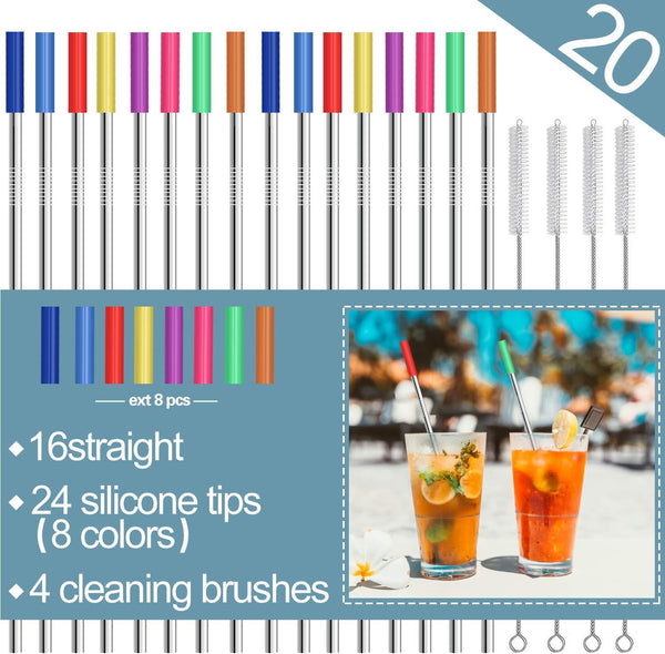 Stainless Steel Straws,Set of 16 FDA-Approved Reusable Drinking Straws for 30oz&20oz Tumbler, 10.5" 8.5" Metal Straws with 24 Soft Silicone Tips,4 Cleaning Brushes(8 Bent 8 Straight)