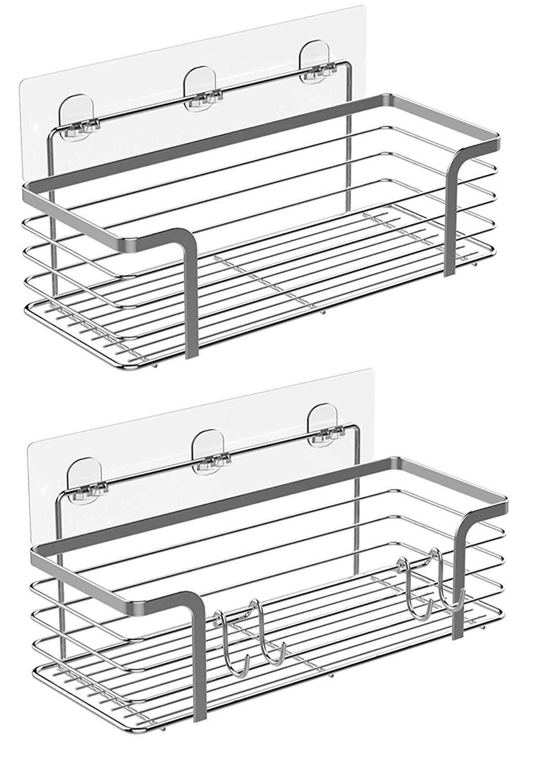 Adhesive Bathroom Shelf Organizer Shower Caddy Kitchen Storage Rack Wall Mounted No Drilling SUS304 Stainless Steel - 2 PACK