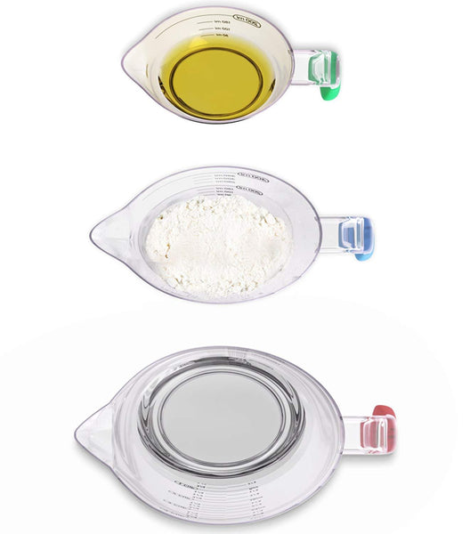 Vremi 3 Piece Plastic Measuring Cups Set - BPA Free Liquid Nesting Stackable Measuring Cups with Spout and Decorative Red Blue and Green Handles - includes 1, 2 and 4 Cup with Ml and Oz Measurement