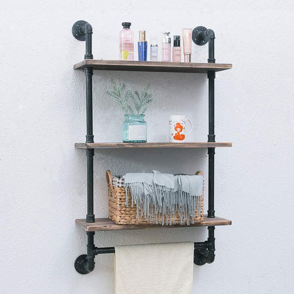 Bathroom Shelves Wall Mounted 3 Tiered,24in Industrial Pipe Shelving,Rustic Wood Shelf With Towel Bar,Black Farmhouse Towel Rack,Metal Floating Shelves Towel Holder,Iron Distressed Shelf Over Toilet