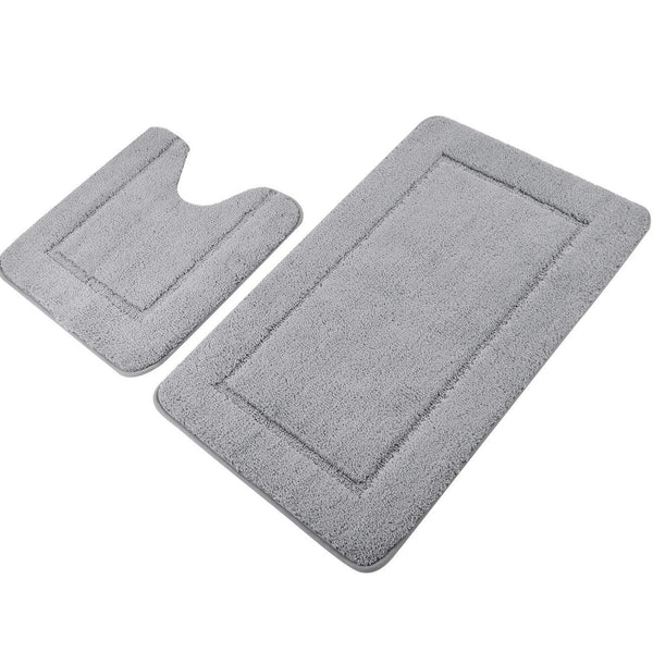 Pauwer Bath Rug Set 2 Piece Bathroom Contour Rug Combo Non Slip Microfiber Bath Shower Mat and U-Shaped Toilet Rug (21" x 34"+20"x 20", Grey and White)