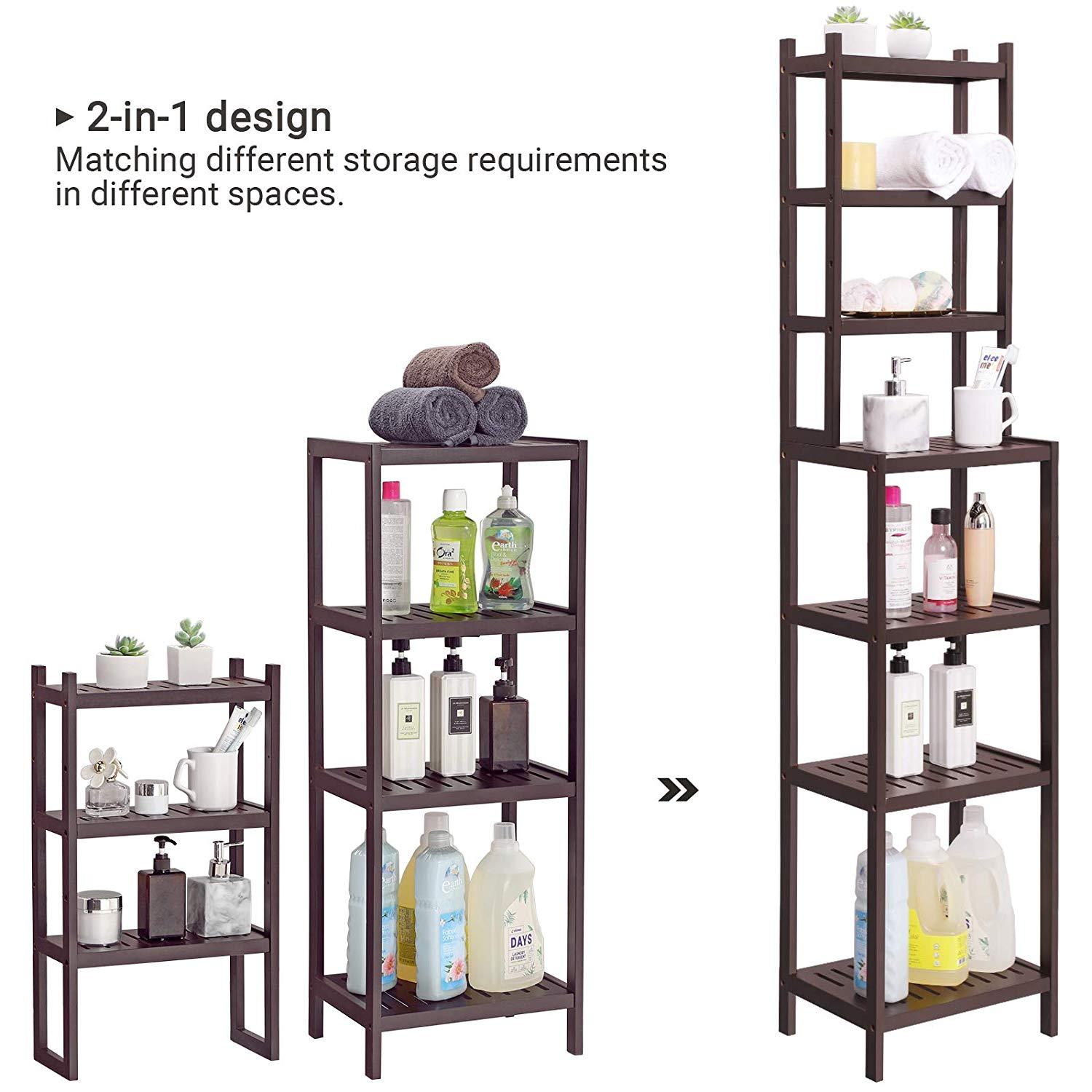 SONGMICS 7-Tier Bamboo Bathroom Shelf, 2-in-1 Design Adjustable Storage Rack, Free Standing Multifunctional Organizer, Shelving Unit for Washroom, Living Room, Kitchen, Brown UBCR01BR