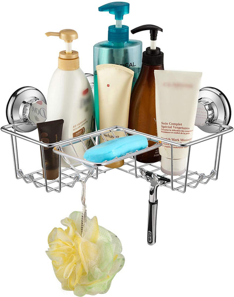 iPEGTOP Suction Cup Corner Shower Caddy Bath Shelf - Combo Organizer Basket Holder with Soap Dish and 8 Hooks - Rustproof Stainless Steel for Bathroom Storage