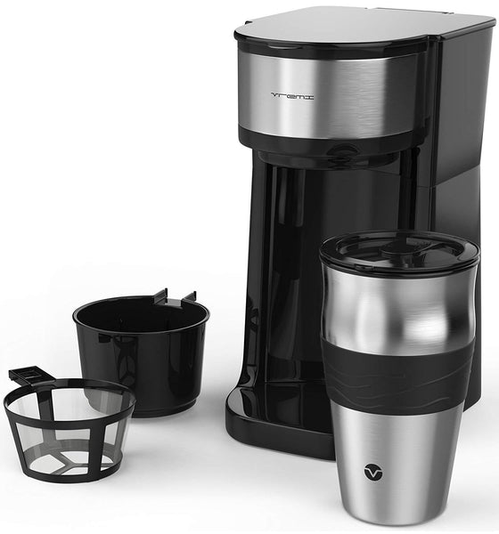 Vremi Single Cup Coffee Maker - Includes 14 Ounce Travel Coffee Mug and Reusable Filter - Personal 1 Cup Drip Coffee Maker to Brew Ground Beans - Black and Silver Single Serve One Cup Coffee Dripper