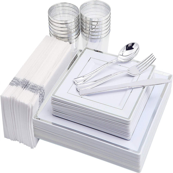 IOOOOO Gold Plates & Plastic Silverware & Gold Cups, Disposable Dinnerware 150 Pieces Includes: 25 Dinner Plates, 25 Dessert Plates, 25 Tumblers, 25 Forks, 25 Knives, 25 Spoons