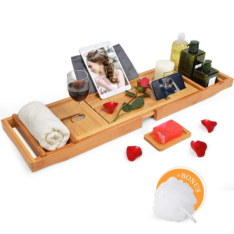 Domax Bathtub Caddy Tray with Wine Glass Holder Adjustable Book Stand Extendable Non Slip Sides Bamboo Bath Organizer Free Soap Holder