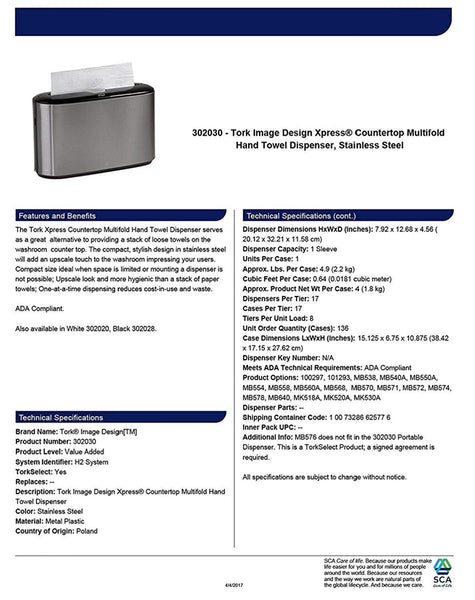 Tork 1 Xpress Countertop Multifold Hand Towel Dispenser 302030 Stainless Steel