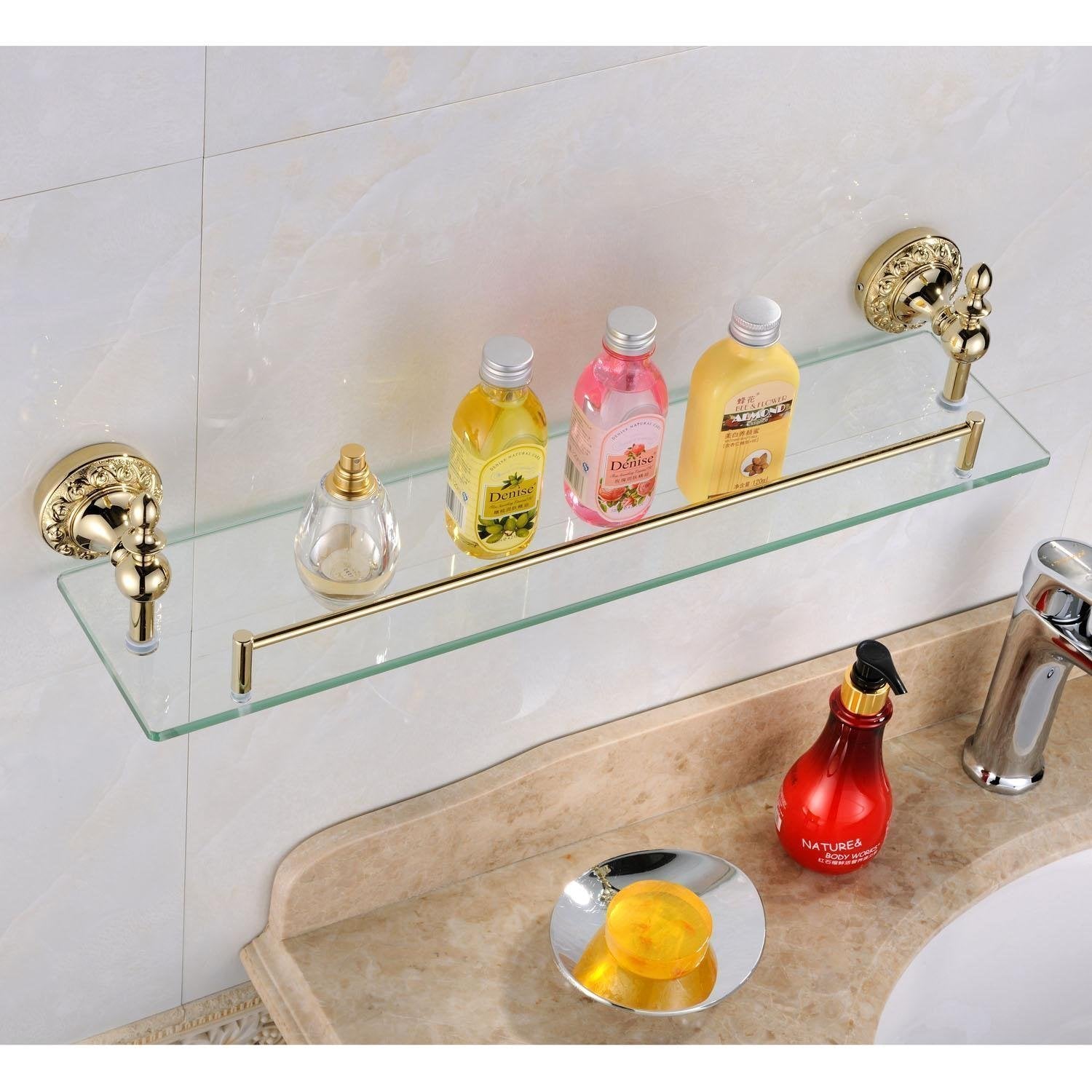 Leyden Bathroom Bath Shower Ti-pvd Finish Solid Brass Material Glass Shelf Lavatory Accessories