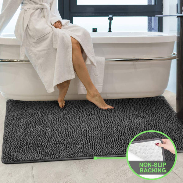 Secura Housewares Bathroom Rugs, Oversize 47" x 28" | Non Slip, Water Absorbent, Machine Washable Bath Mat Carpets | Ultra Soft, Fluffy, Thick Chenille Bath Mats for Doors, Bathroom, Kitchen | Gray