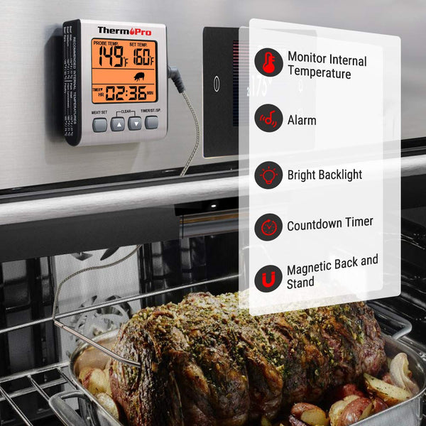 ThermoPro TP-16S Digital Meat Thermometer Accurate Candy Thermometer Smoker Cooking Food BBQ Thermometer for Grilling with Smart Cooking Timer Mode and Backlight