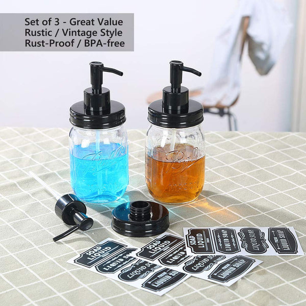 Elwiya Rustic/Farmhouse Mason Jar Soap Dispenser Lid and Pump Rust Proof, Plastic Dispenser Lid for 16 oz Regular Mouth Mason Jar Decor - 3 Pack