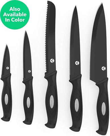 Vremi 10 Piece Black Knife Set - 5 Kitchen Knives with 5 Knife Sheath Covers - Chef Knife Sets with Carving Serrated Utility Chef's and Paring Knives - Magnetic Knife Set with Matching Black Case