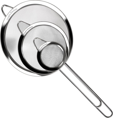 UTOPIA KITCHEN SET OF 3 STAINLESS STEEL MECH STRAINER COLANDER SIEVE WITH HANDLES - SMALL, MEDIUM AND LARGE