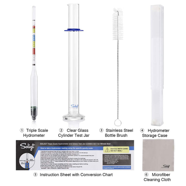 SOLIGT Triple Scale Hydrometer and Glass Jar for Wine, Beer, Mead, Cider & Kombucha-ABV, Brix and Gravity Test Kit