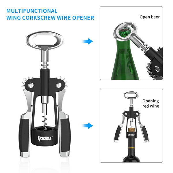 IPOW 2 in 1 Wing Corkscrew Wine Bottle Opener - Manual Wine Cork and Beer Cap Remover Kit for Professionals or Home Use