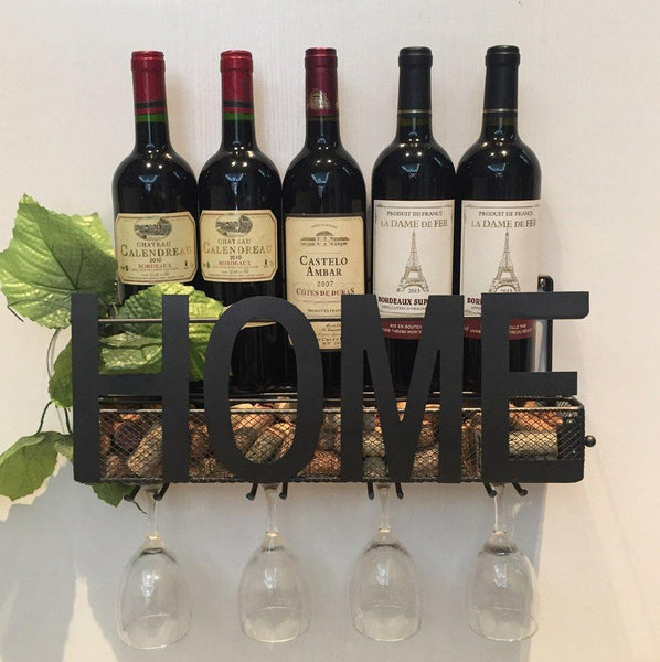 SODUKU Wall Mounted Metal Wine Rack 4 Long Stem Glass Holder & Wine Cork Storage