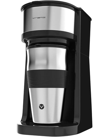 Vremi Single Cup Coffee Maker - Includes 14 Ounce Travel Coffee Mug and Reusable Filter - Personal 1 Cup Drip Coffee Maker to Brew Ground Beans - Black and Silver Single Serve One Cup Coffee Dripper