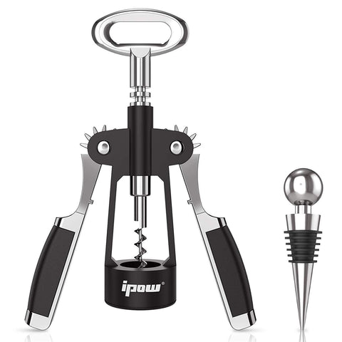 IPOW 2 in 1 Wing Corkscrew Wine Bottle Opener - Manual Wine Cork and Beer Cap Remover Kit for Professionals or Home Use