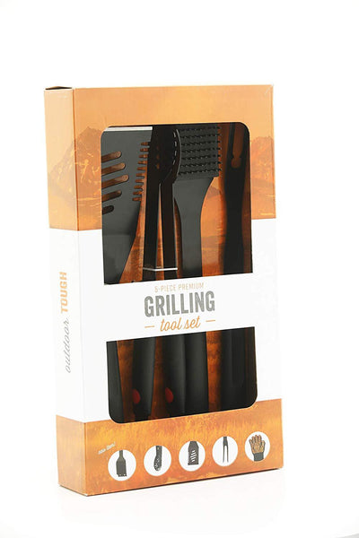 Yukon Glory Heavy Duty 5 Piece Grilling Tools Set, Durable Stainless Steel BBQ Accessories, Long Handle 3 in 1 Spatula, Tongs, Brush, Grill Fork, Thick Grilling Gloves, Gift Set