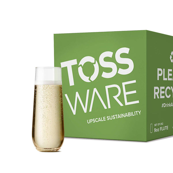 TOSSWARE 9oz Flute - recyclable champagne plastic cup - SET OF 12 - stemless, shatterproof and BPA-free flute glasses