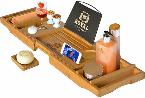 Royal Craft Wood Luxury Bathtub Caddy Tray, One or Two Person Bath and Bed Tray, Bonus Free Soap Holder (Natural Bamboo Color)