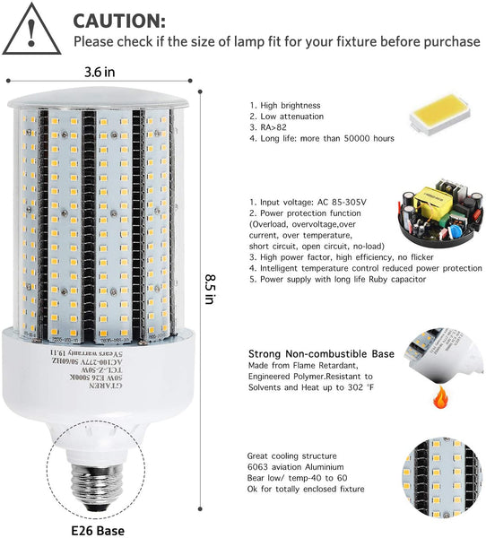 Garage led Light Bulb,50w led Corn Light Bulb E26 E39 Base,5000k, Led Replacement Incandesce CFL Metal Halide HID HPS lamp for Indoor Outdoor Garage Yard barn Warehouse Work Shop Gym