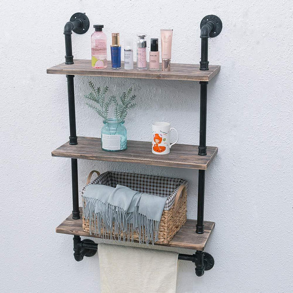 Bathroom Shelves Wall Mounted 3 Tiered,24in Industrial Pipe Shelving,Rustic Wood Shelf With Towel Bar,Black Farmhouse Towel Rack,Metal Floating Shelves Towel Holder,Iron Distressed Shelf Over Toilet