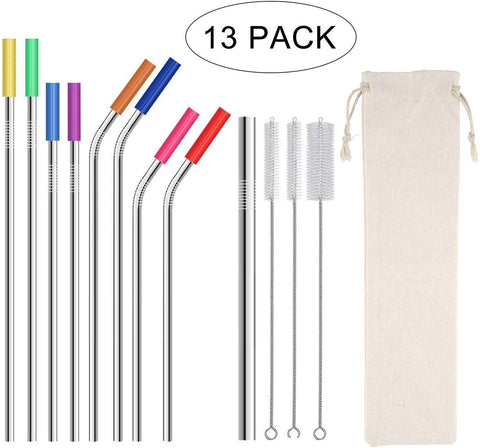 Stainless Steel Straws,Set of 9 10.5" 8.5" Reusable Drinking Straws with Smooth-Friendly Wide Diameter Straw for 30oz&20oz Tumbler,Metal Straws with 8 Silicone Tips,3 Cleaning Brushes and 1 Pouch